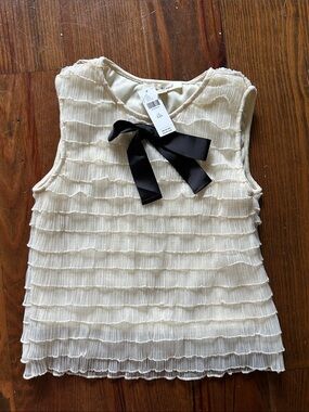 Anthropologie Blue tassel Cream Ruffle top with Black Bow - XXS NWT!